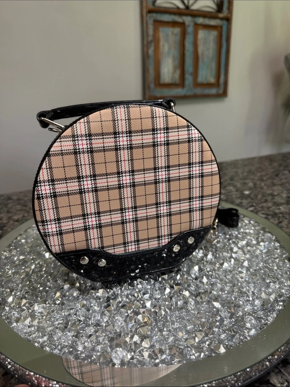 Tartan Plaid circular Shaped Crossbody Bag with Black Trim NWOT